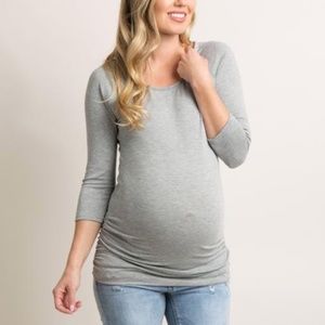 Heather Grey Solid 3/4 Sleeve Ruched Maternity Top